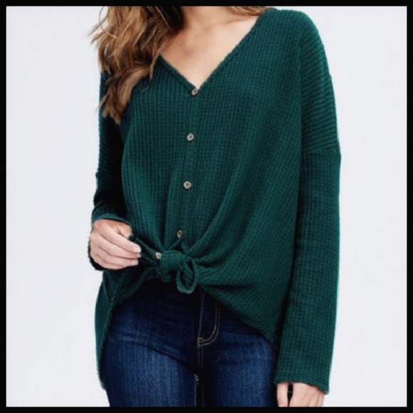 Last One! Tie Front Waffle Knit Top, Green, NIP - Picture 8 of 8